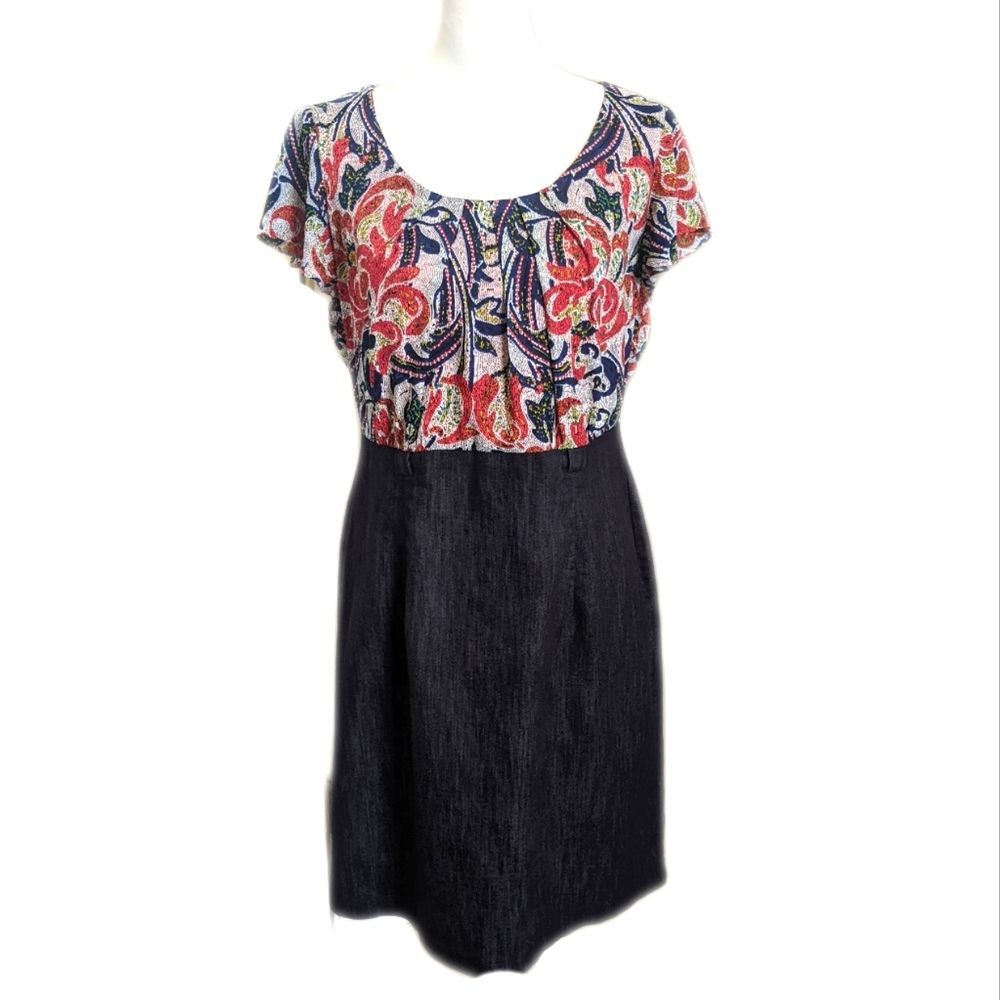Alyx Dress multicolor paisley floral top, dark denim wash skirt, back zipper 10